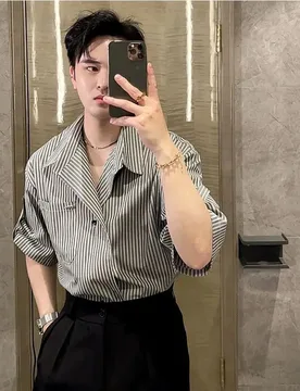 Men's Clothing Ice Silk Striped Short Sleeve Shirt Lightweight Breathable Summer Casual Comfortable Fashion Wear Trendy Streetwe - Aliexpress - FashionsVida