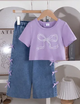 Conjunto de camiseta con estampado de lazo y pantalones anchos casuales con decoración de lazo para niñas, verano - Shein - FashionsVida
