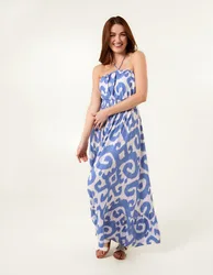 Bandeau Printed Shirred Waist Maxi Dress - M / Light Blue - female