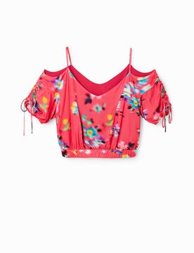 Blouse courte froncée fleurs, Viscose, Rouge, XS