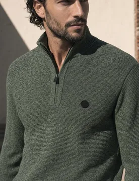 Street One Pullover mit Troyerkragen und Struktur male Grün - Street One MEN - FashionsVida