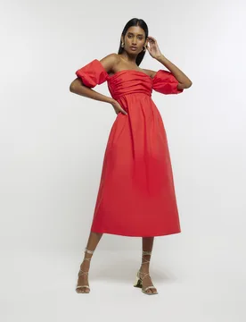 Womens Midi Dress Red Ruched Bardot Cotton - Size 6 Uk - River Island - FashionsVida