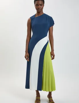 Womens Petite Soft Tailored Colour Block High Neck Pleated Midi Dress - Navy - Size 8 Uk - Karen millen - FashionsVida