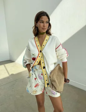 Appliqué Embroidered V-Neck Cardigan Cream Mix female - Never Fully Dressed - FashionsVida