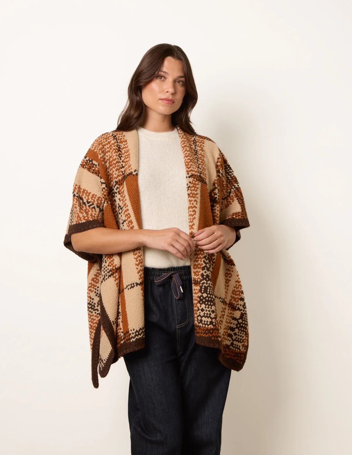 Geometric Patchwork Poncho - ONE / BROWN - female - Blue Vanilla - FashionsVida