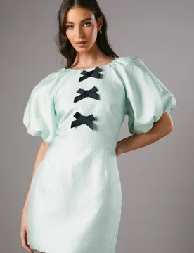 Women's Short Sleeve Bow Detail Jacquard Mini Dress in Green Size: 8 - Green - Size: 8 - Coast - FashionsVida
