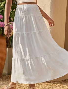 Falda blanca de parchwork informal de vacaciones para niña preadolescente, diseño de moda versátil para vacaciones, viajes, campus y uso diario