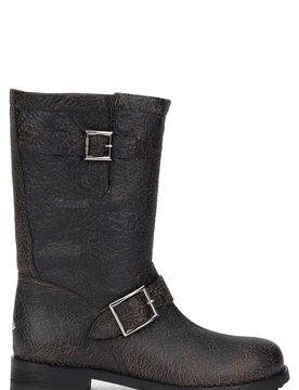 Biker Leather Ankle Boots with Crackled Effect & Side Buckles