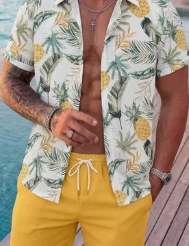 Conjunto de camisa de manga corta casual y pantalones cortos con estampado de plantas tropicales para hombres, traje de baño, ropa tropical de vacaci - Shein - FashionsVida