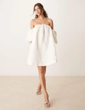 Womens Off Shoulder Puff Sleeve Structured Jaquard Mini Dress In Gardenia White - Cream - Size 12 Uk - Y.A.S - FashionsVida