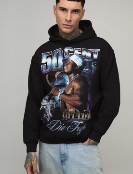 Mens Tall Oversized 50 Cent License Printed Hoodie - Black Cotton - Size Small - boohooMAN - FashionsVida