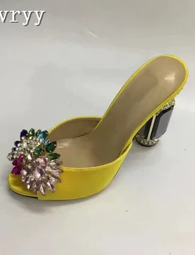 Women Yellow Satin Rhinestone Crystal Flower Heeled Mules Luxury Colorful Gem Chunky Heel Party Wedding Evening Dress Sandals - Aliexpress - FashionsVida