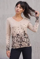 Women's Floral Hotfix V-Neck Knit Jumper in Beige Size: 10 - Beige - Size: 10