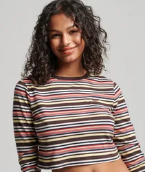 Superdry Damen Langärmeliges Kurztop mit Vintage-streifen aus Bio-baumwolle Braun - Größe: 40