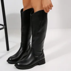 Botas altas hasta el muslo planas para mujer, botas altas elásticas con corte en V, botas de punta cuadrada de ajuste ceñido, botas largas de cuero