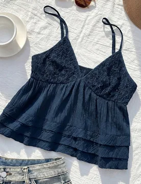 Top corto de camisola con encaje azul marino para adolescentes, top de camisola elástico con capas para uso casual de verano con estética Y2K para u - Shein - FashionsVida