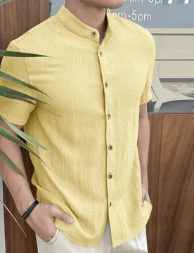 Camisa casual de manga corta con bordado de lino sintético para hombre, Camisa de manga corta con cuello mandarín negro para hombre, Camisa casual c - Shein - FashionsVida