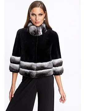 Chaqueta de pelo de mujer de visón con bajo y puños de chinchilla - Maximilian - FashionsVida