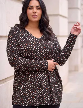 Curve Spotted V-Neck Stretch Top - Black - Size: 30-32 - Roman - FashionsVida