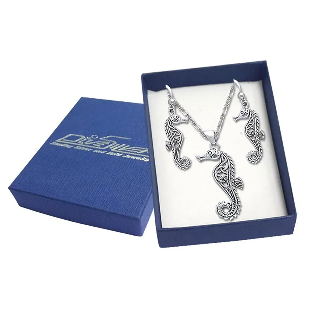Collana Celtic Seahorse Pendant And Earring Box - Dive Silver - FashionsVida