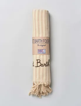 Telo mare in cotone a righe beige e panna verticali con frange e scritta logo ricamata - MC2 SAINT BARTH - FashionsVida