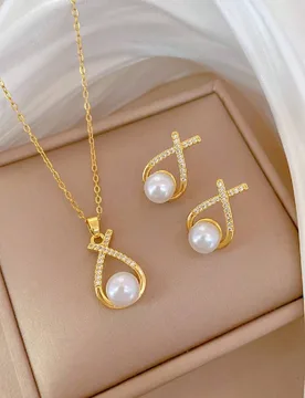 Pieza Collar de cadena de acero inoxidable con collar de perla blanca y juego de aretes, juego de aretes y collar de estilo personalizado de lujo con - Shein - FashionsVida