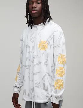 Mens Oversized Tie Dye Official Print Long Sleeve T-Shirt - Beige Cotton - Size Large - boohooMAN - FashionsVida
