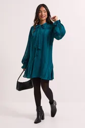 Petite Tie Neck Satin Burnout Tiered Smock Dress - Teal - Size: 8