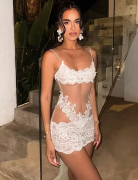 Sexy Lace Sheer Dresses Women Fashion Solid Square Neck Sleeveless Slim Splice Blouse Lady Summer Vacation Seaside Short Vestido - Aliexpress - FashionsVida