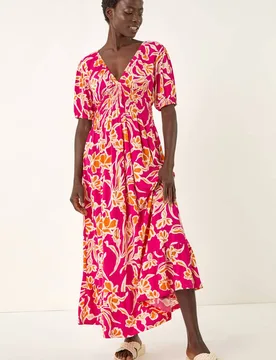 Women's Floral V-Neck Shirred Maxi Dress in Pink Size: 12 - Pink - Size: 12 - Roman - FashionsVida
