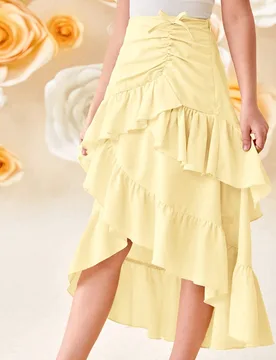 Falda midi holgada casual con volantes en capas y dobladillo asimétrico para niña preadolescente - Shein - FashionsVida