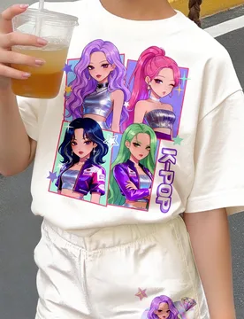 Piezas Conjunto de camiseta de manga corta de cuello redondo y pantalones cortos con patrón de corazón y chica de dibujos animados de K-pop en blanc - Shein - FashionsVida