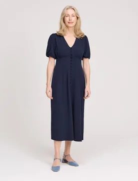 V-Neck Button Through Midi Tea Dress Navy female - Finery London - FashionsVida