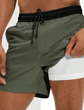 Bañador de hombre con gráfico de letras, cintura con cordón & forro de compresión, forro de seda de leche, pantalones cortos de playa, hawaiano, v - Shein - FashionsVida