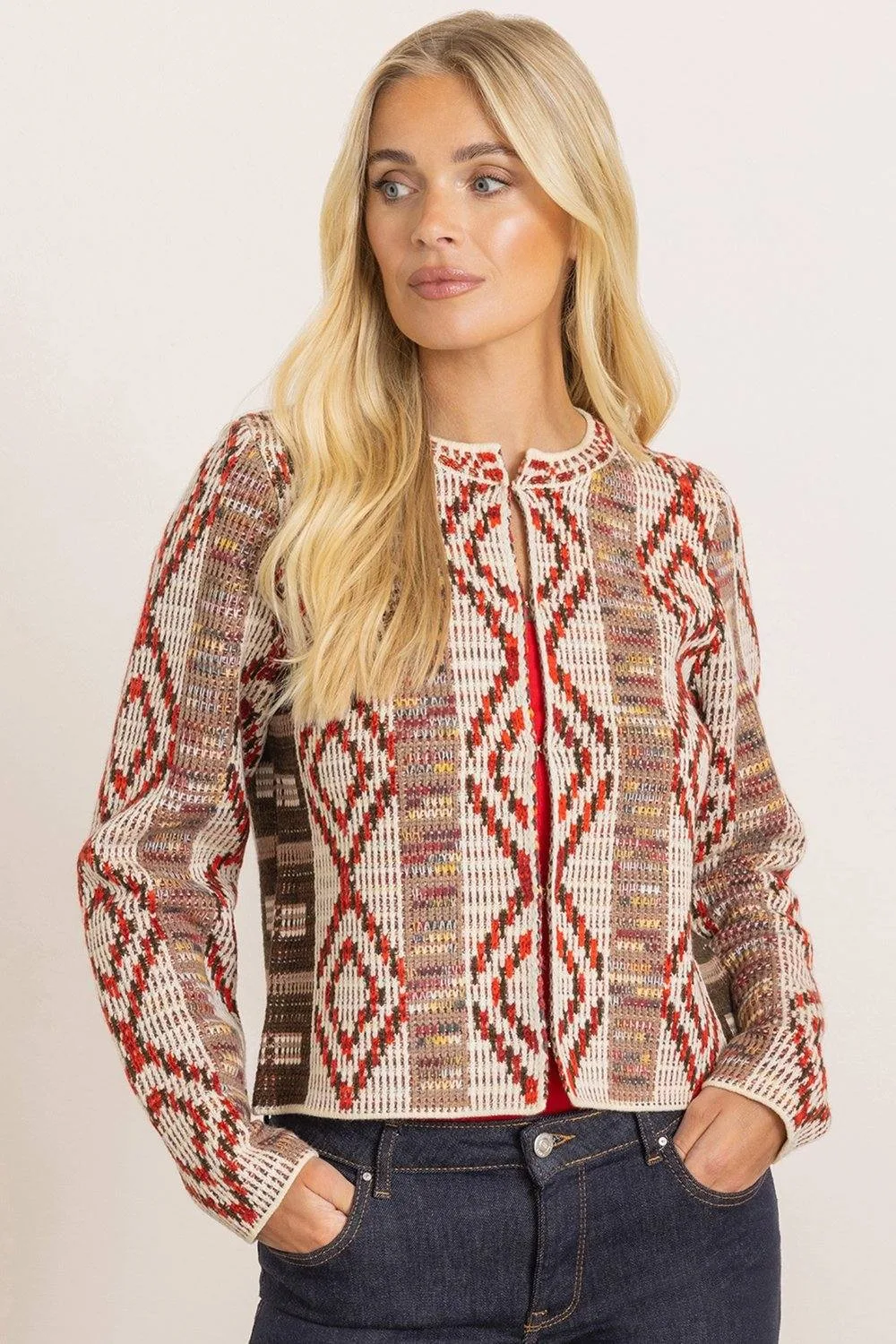 Women's Chenille Knit Patterned Jacket in Red Size: Medium - Red - Size: M - Klass. - FashionsVida