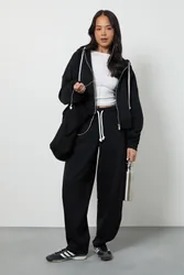 Womens Contrast Drawcord Oversized Hoodie Tracksuit - Black Cotton - Size Large