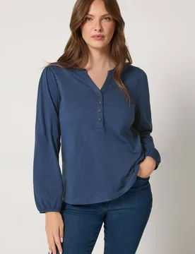 Women's Half Placket Cotton Long Sleeve Top in Mid Navy Size: 18 - Mid Navy - Size: 18 - M&Co - FashionsVida