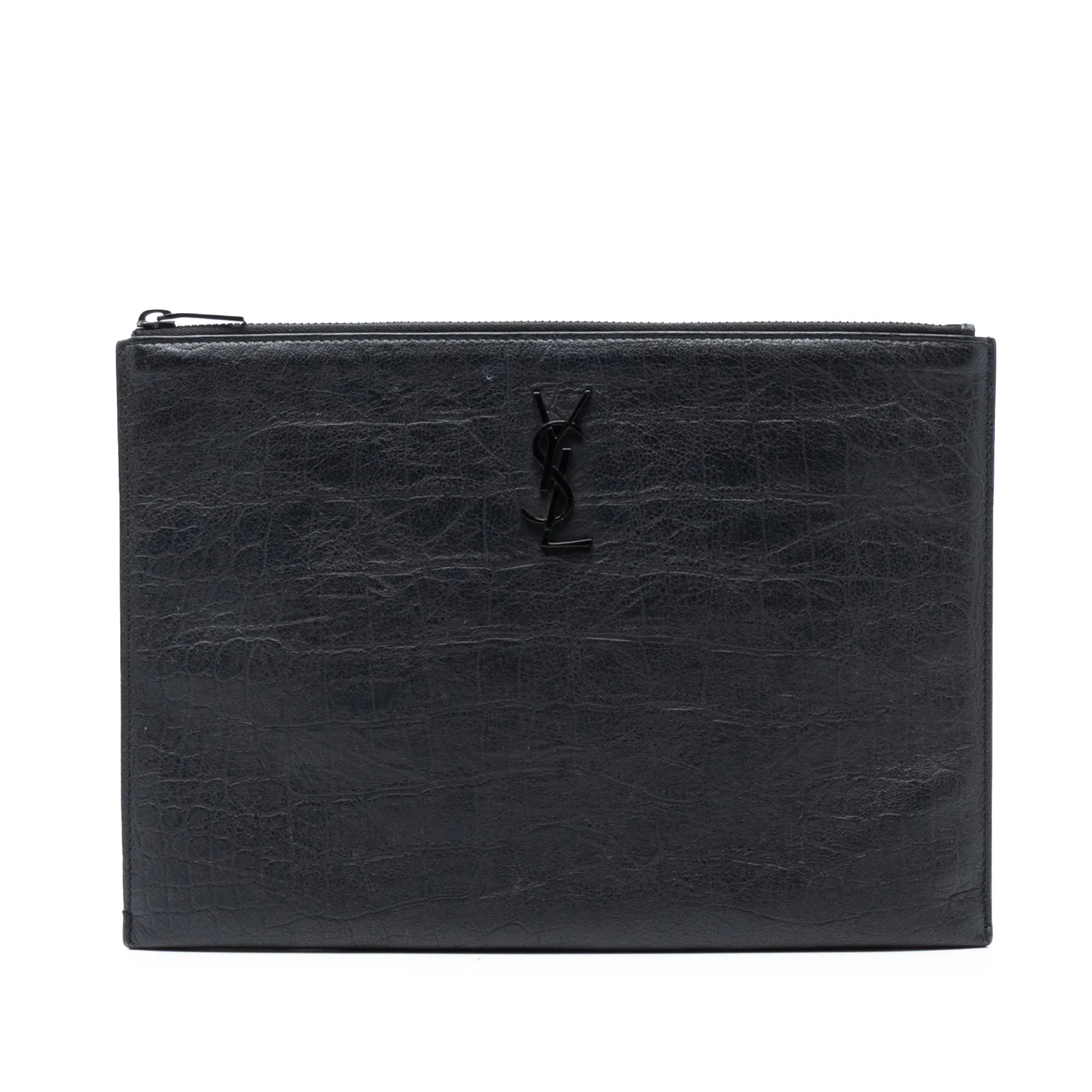 Croc Embossed Leather Monogram Clutch - Saint Laurent - FashionsVida
