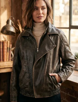 Womens Brown Cow Big Bomber Biker Blouson Oversized Jacket - Bloom - Dark Brown - Size Medium - Infinity Leather - FashionsVida