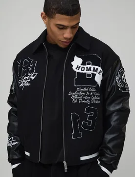 Herren Varsity-Jacke Aus Melton- Und PU-Stoffmix Mit Applikation Black Größe XL - boohooMAN - FashionsVida