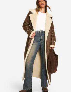 Womens Tall Vintage Look Maxi Aviator Coat - Brown - Size 14 Uk - Boohoo - FashionsVida