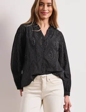 Bluse mit Split Neck und Shiffley-Muster female Schwarz