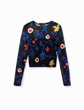 T-shirt court slim fleurs, Polyester, Noir, XL