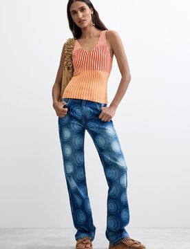 JEAN IMPRIMÉ, , Coton, Bleu, 34