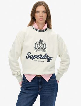 Superdry Damen Baumwolle Grafik Logo Lockeres Country Club Sweatshirt Mit Rundhalsausschnitt, Creme & Grün - Größe: 40