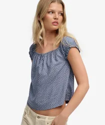 Superdry Damen Kurzärmeliges Gewebtes Top mit Halbknopfleiste Blue - Größe: 38