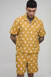 Mens Tall Oversized Tufted Woven Shirt & Relaxed Short Set - Mustard Cotton - Size Large