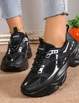 Zapatillas deportivas para mujer con contraste y malla, suela gruesa, cordones, transpirables para uso casual y exterior, antideslizantes y con diseñ - Shein - FashionsVida