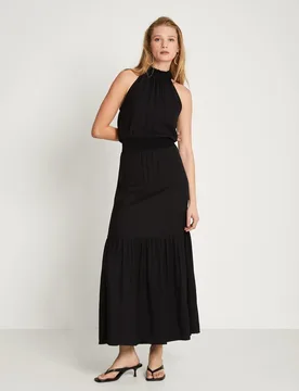 Vestido largo de cuello halter con fruncido - Trucco - FashionsVida