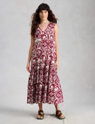 Linen Rich Printed Midi Tiered Dress Pink Mix female